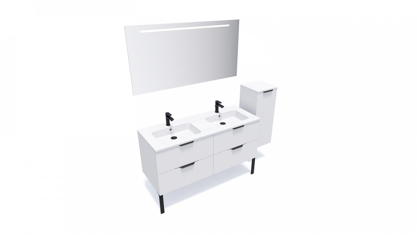 Meuble de salle de bain suspendu double vasque intégrée 140cm 4 tiroirs Blanc + miroir + colonne ouverture droite - Loft