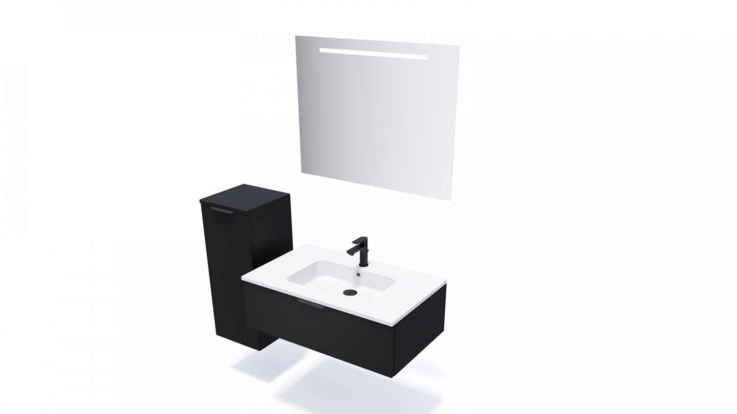 Meuble de salle de bain suspendu vasque intégrée 90cm 1 tiroir Noir + miroir - Loft