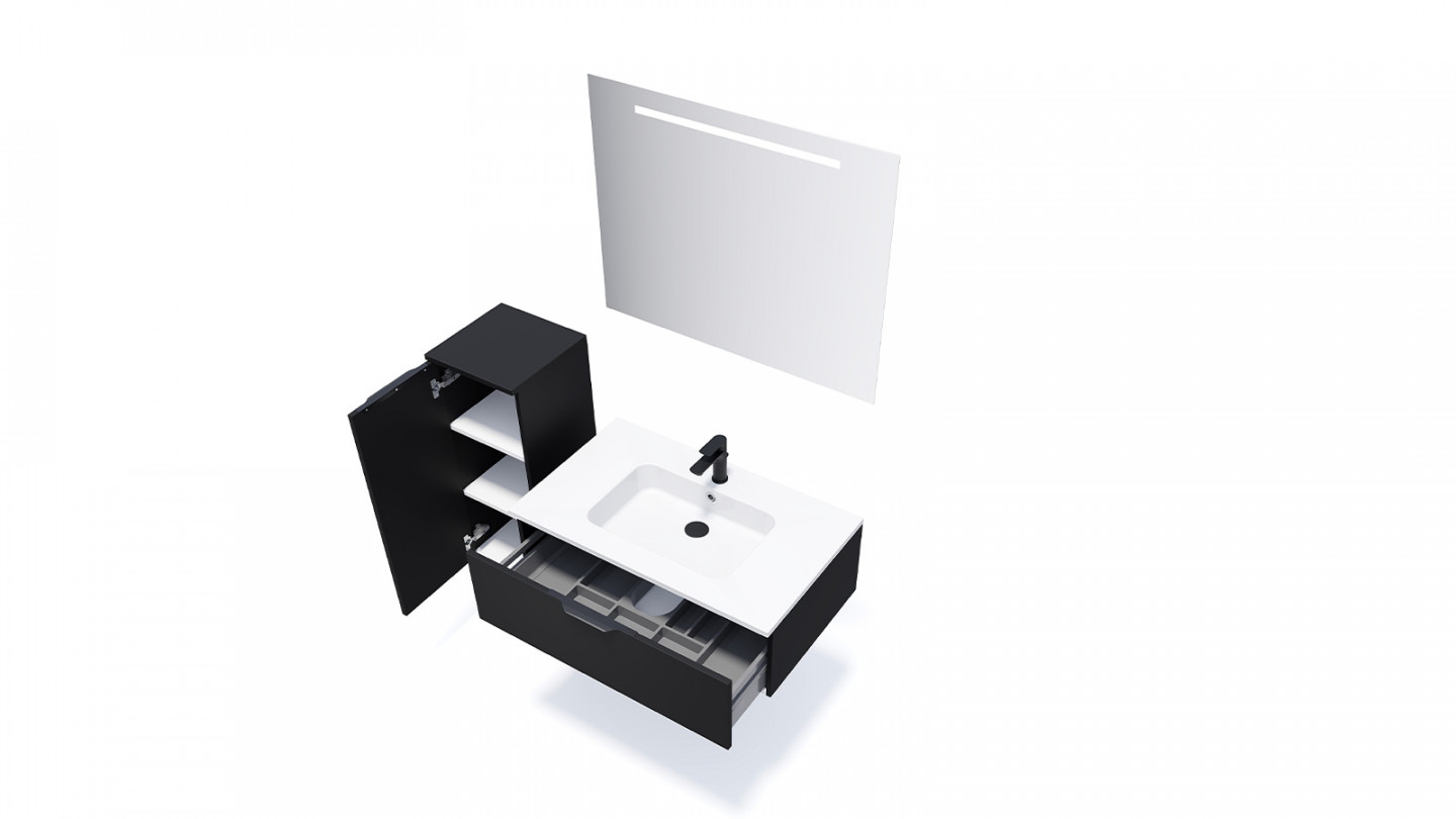 Meuble de salle de bain suspendu vasque intégrée 90cm 1 tiroir Noir + miroir - Loft