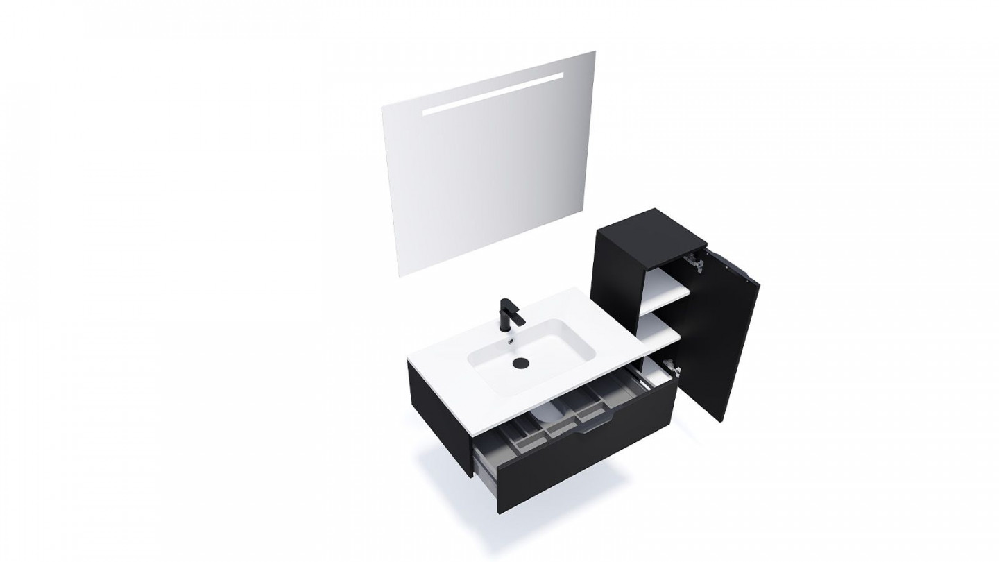 Meuble de salle de bain suspendu vasque intégrée 90cm 1 tiroir Noir + miroir + colonne ouverture droite - Loft