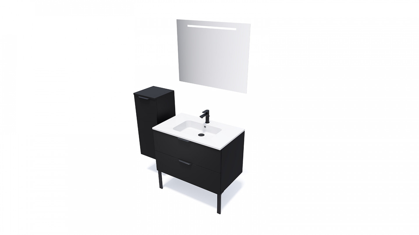 Meuble de salle de bain suspendu vasque intégrée 90cm 2 tiroirs Noir + miroir + colonne ouverture gauche - Loft