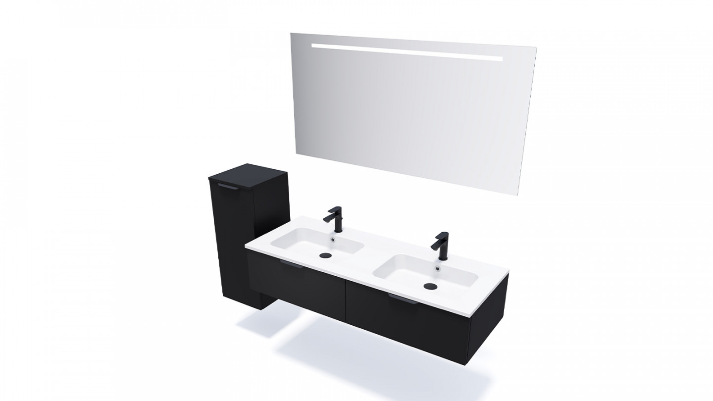 Meuble de salle de bain suspendu double vasque intégrée 140cm 2 tiroirs Noir + miroir - Loft