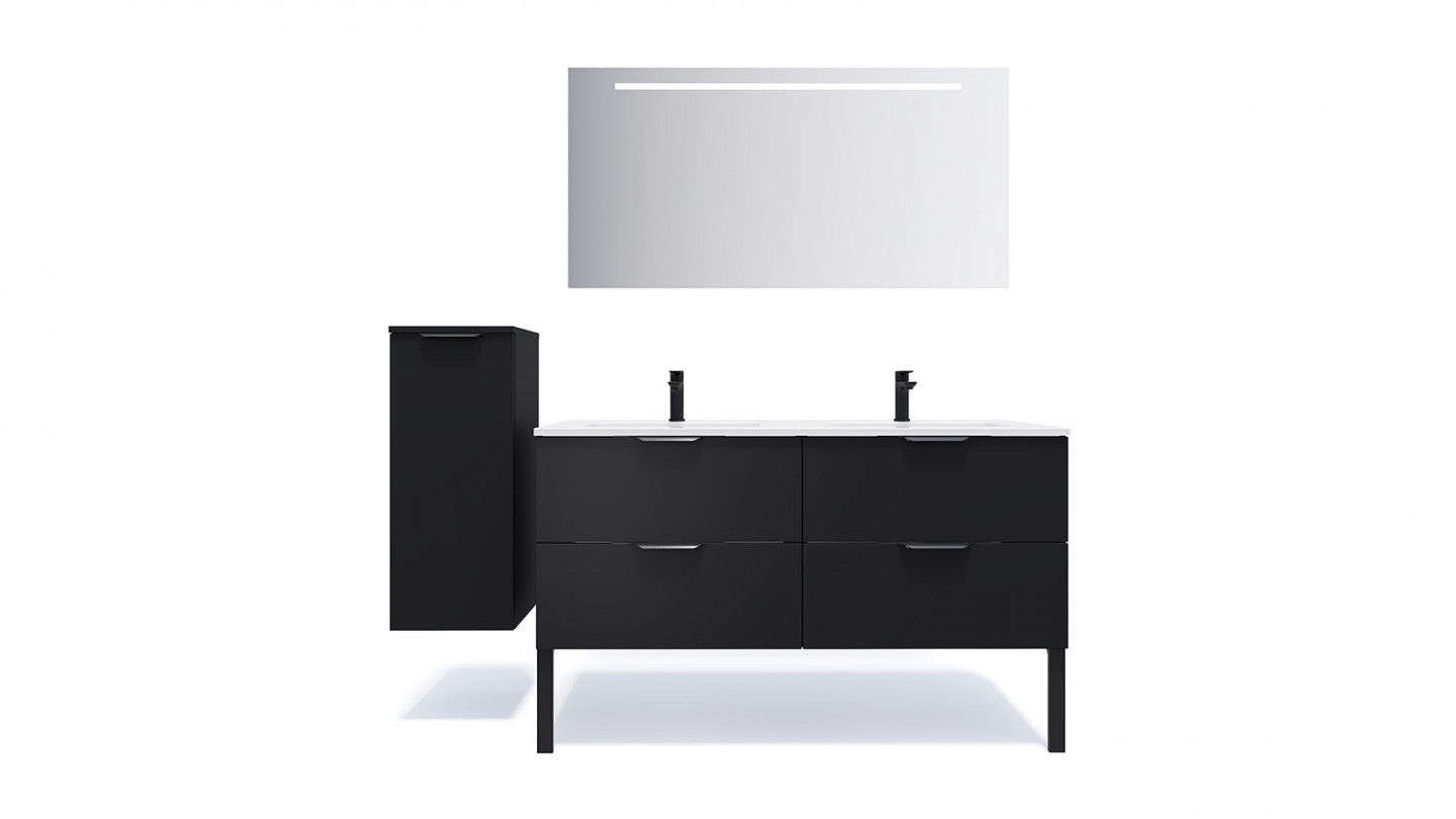 Meuble de salle de bain suspendu double vasque intégrée 140cm 4 tiroirs Noir + miroir - Loft