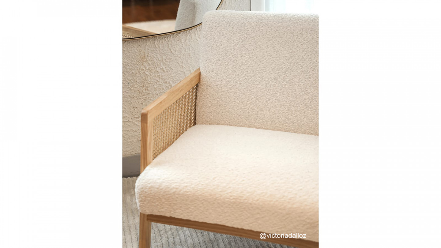 Fauteuil rotin et tissu bouclé écru - Mani