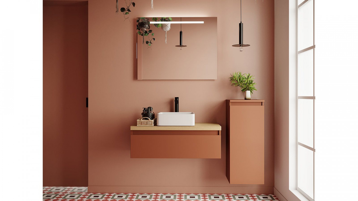 Meuble de salle de bain suspendu vasque à poser 90cm 1 tiroir Terracotta + miroir + colonne ouverture droite - Rivage