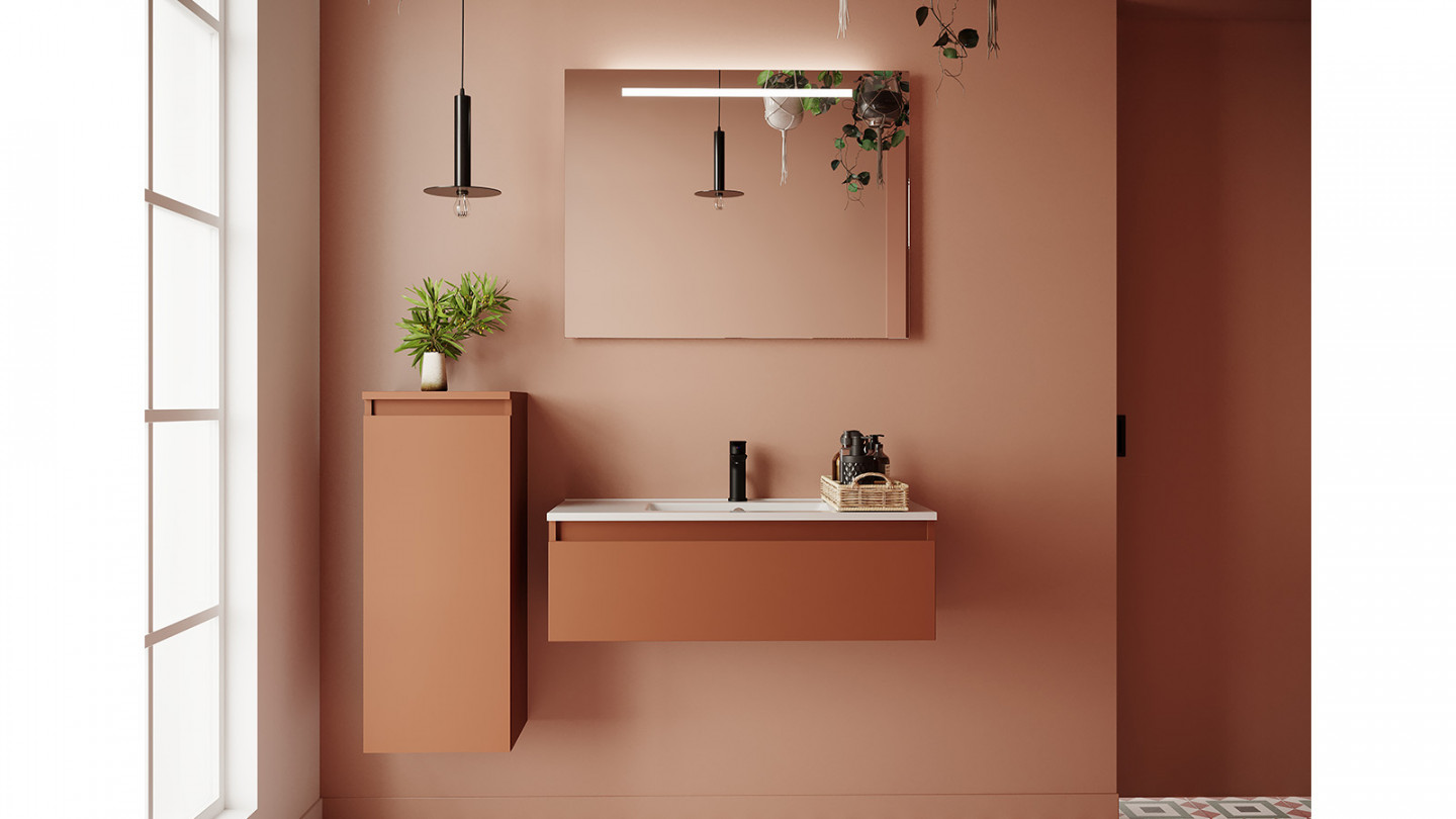 Meuble de salle de bain suspendu vasque intégrée 90cm 1 tiroir Terracotta + miroir + colonne ouverture gauche - Rivage