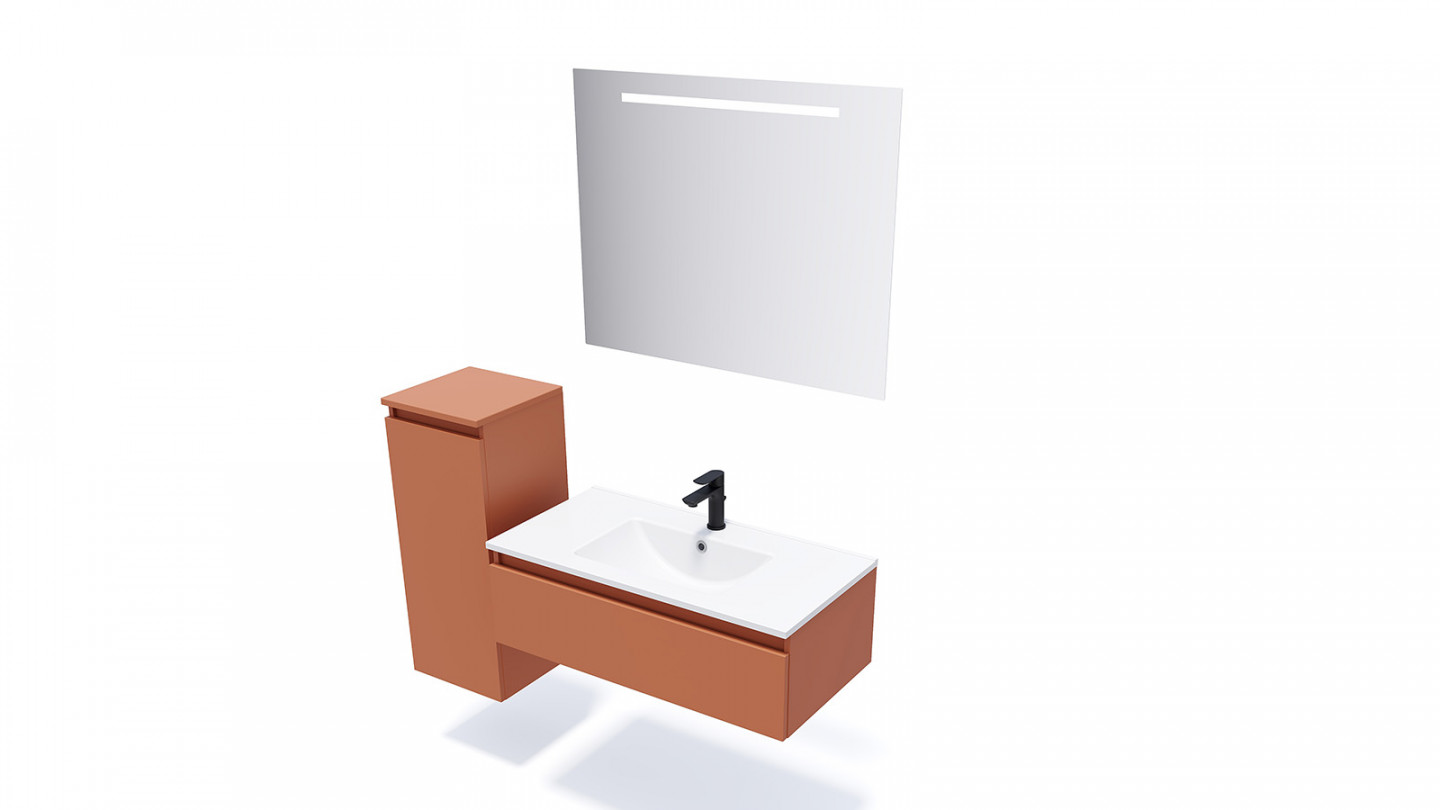 Meuble de salle de bain suspendu vasque intégrée 90cm 1 tiroir Terracotta + miroir + colonne ouverture gauche - Rivage