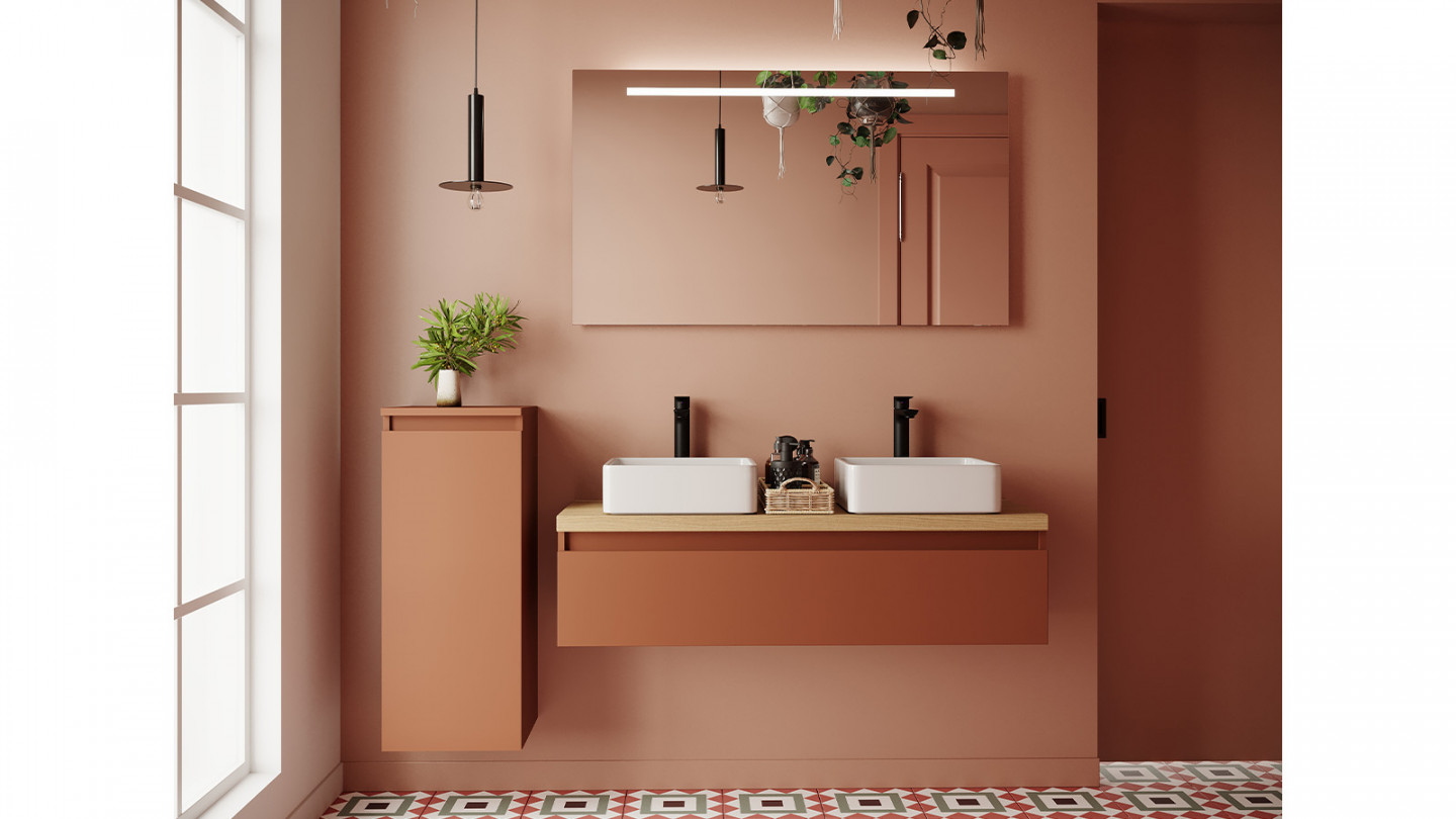 Meuble de salle de bain suspendu 2 vasques à poser 120cm 1 tiroir Terracotta - Rivage