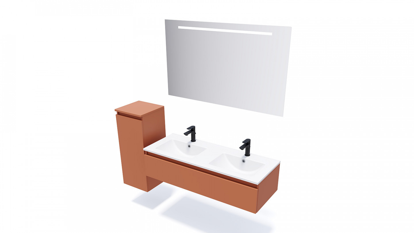 Meuble de salle de bain suspendu double vasque intégrée 120cm 1 tiroir Terracotta - Rivage