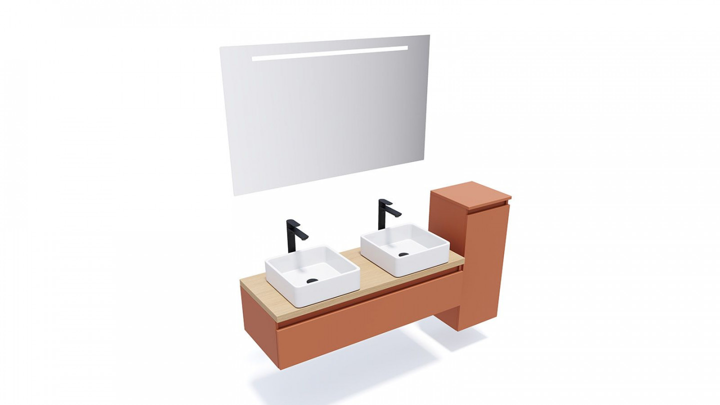 Meuble de salle de bain suspendu 2 vasques à poser 120cm 1 tiroir Terracotta + miroir + colonne ouverture droite - Rivage