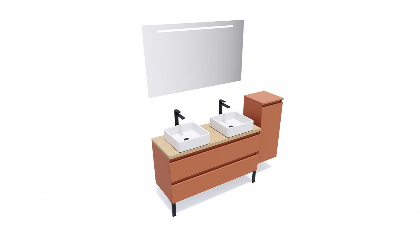 Meuble de salle de bain suspendu 2 vasques à poser 120cm 2 tiroirs Terracotta + miroir + colonne ouverture droite - Rivage