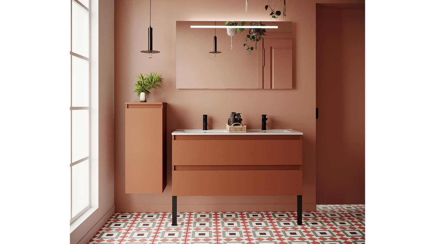 Meuble de salle de bain suspendu double vasque intégrée 120cm 2 tiroirs Terracotta + miroir + colonne ouverture gauche - Rivage