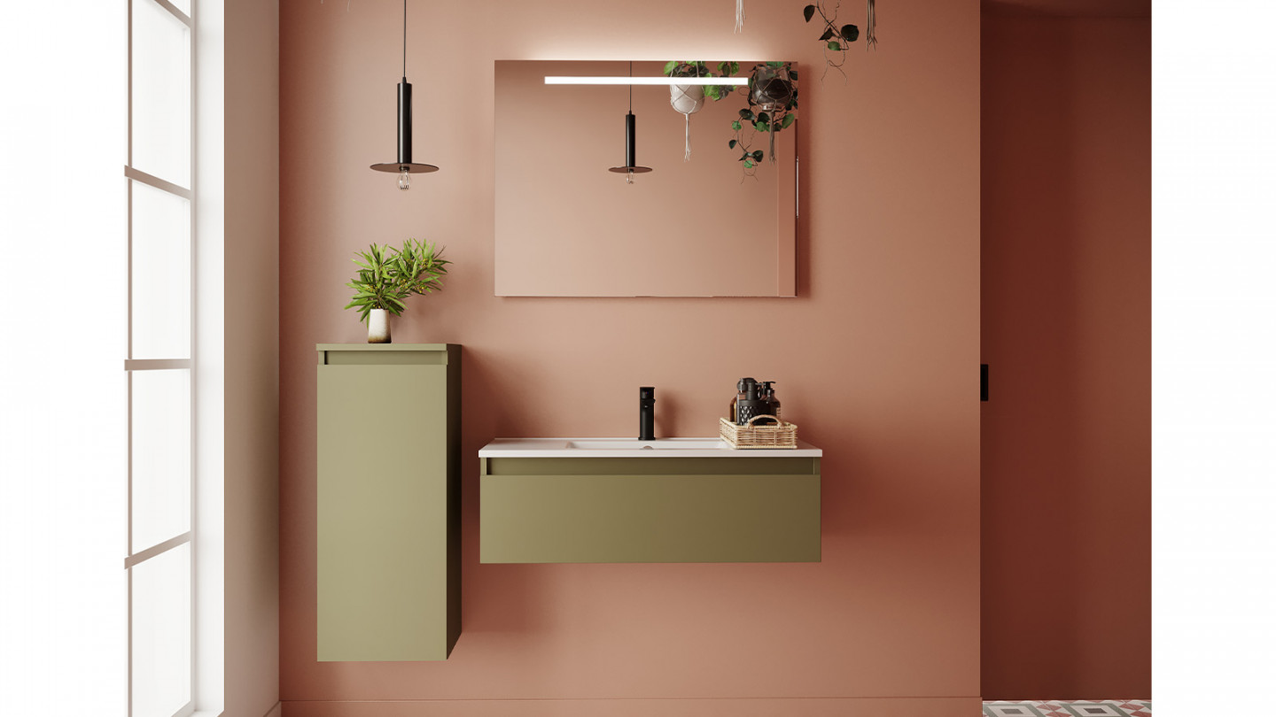 Meuble de salle de bain suspendu vasque intégrée 90cm 1 tiroir Vert olive - Rivage