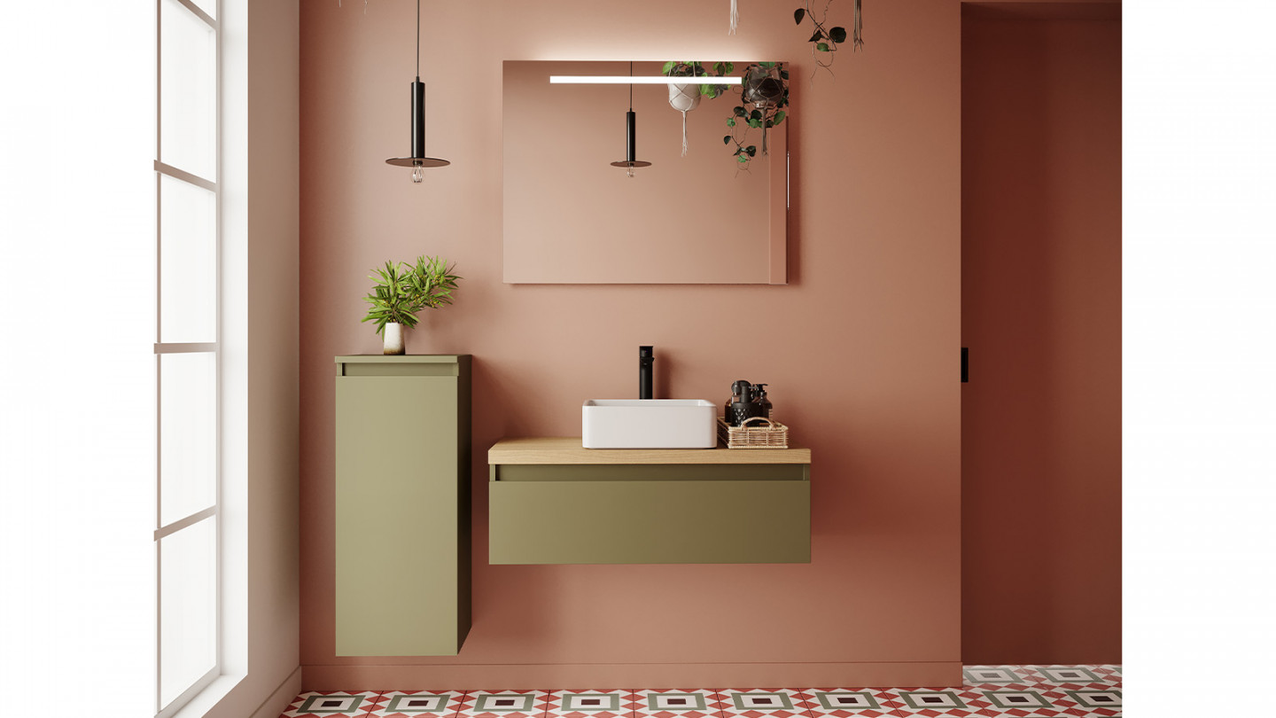 Meuble de salle de bain suspendu vasque à poser 90cm 1 tiroir Vert olive + miroir - Rivage