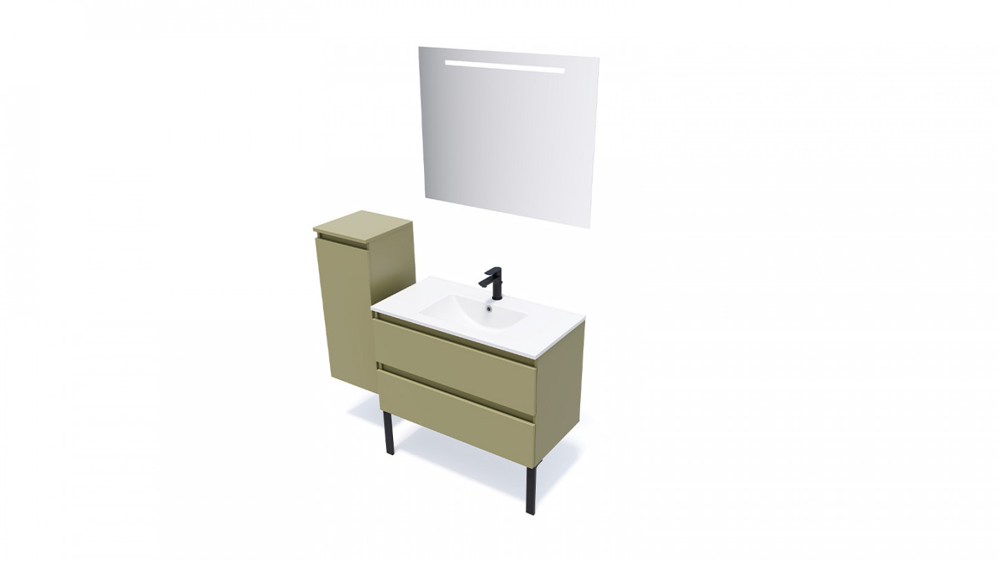Meuble de salle de bain suspendu vasque intégrée 90cm 2 tiroirs Vert olive + miroir - Rivage