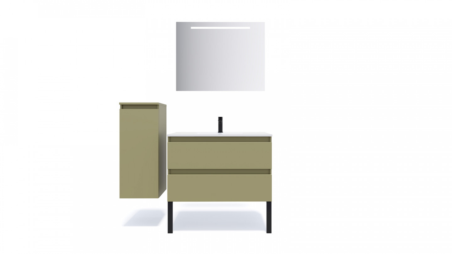 Meuble de salle de bain suspendu vasque intégrée 90cm 2 tiroirs Vert olive + miroir - Rivage