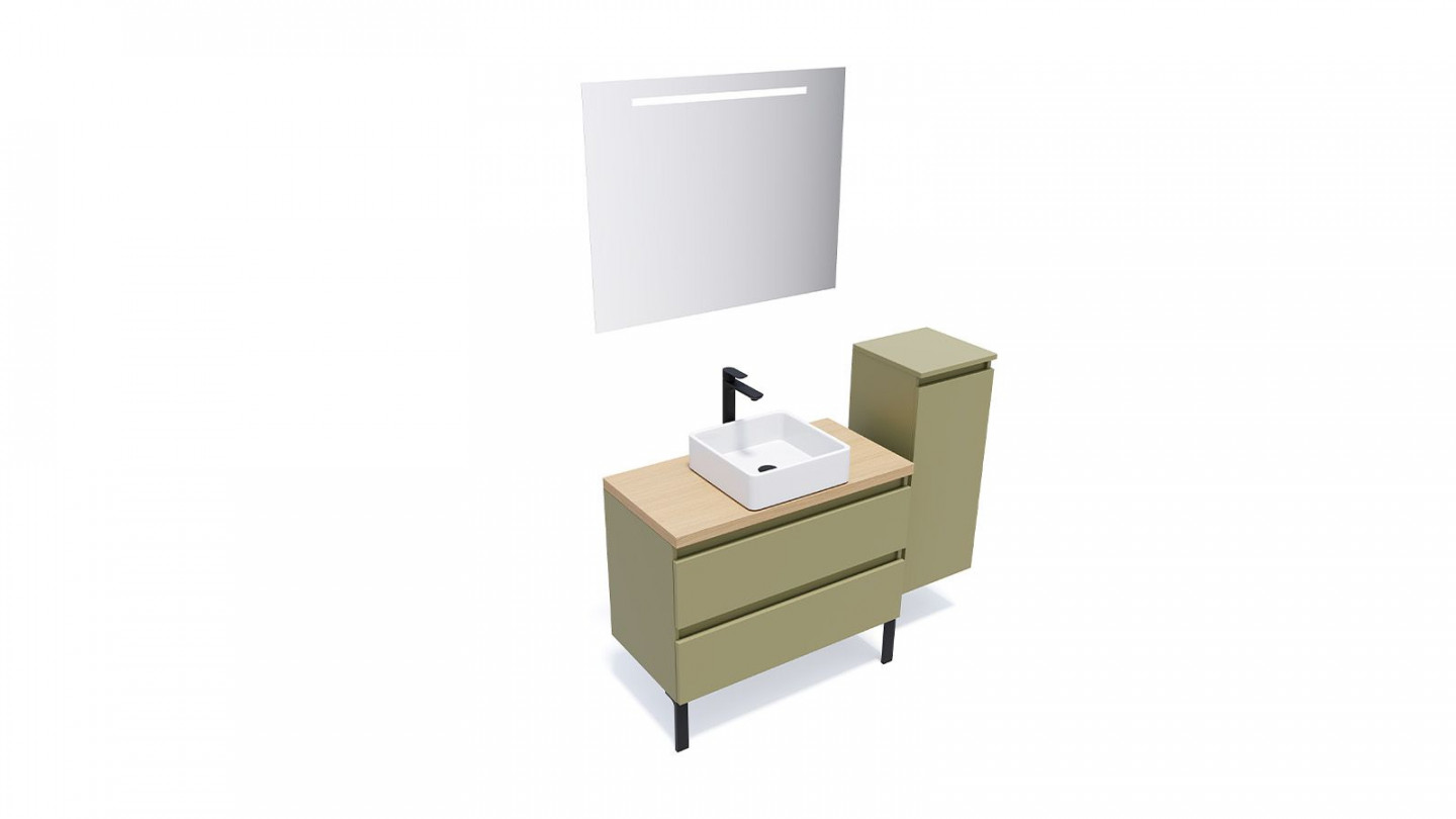 Meuble de salle de bain suspendu vasque à poser 90cm 2 tiroirs Vert olive + miroir + colonne ouverture droite - Rivage