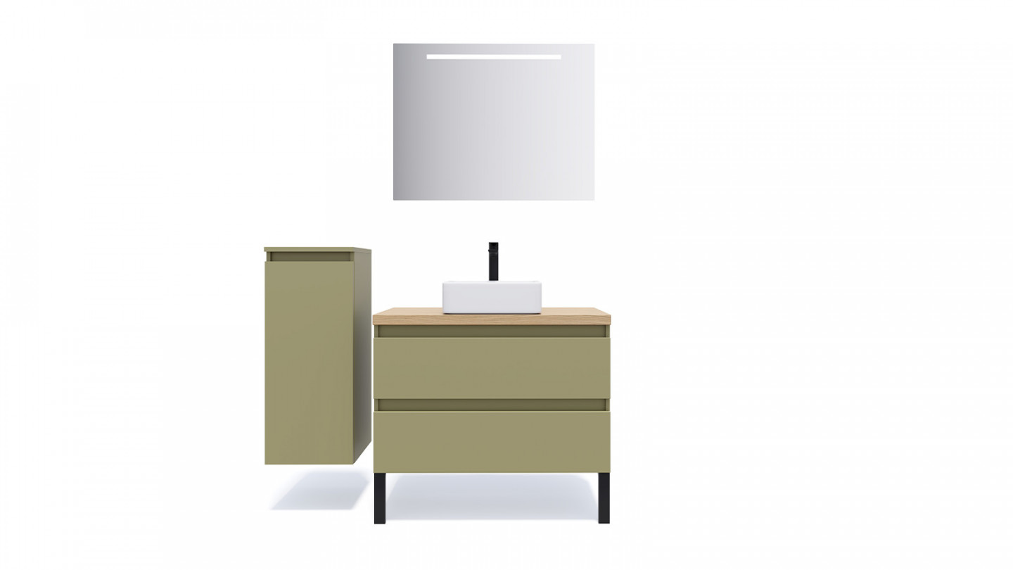 Meuble de salle de bain suspendu vasque à poser 90cm 2 tiroirs Vert olive + miroir + colonne ouverture gauche - Rivage