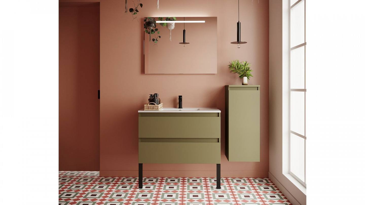 Meuble de salle de bain suspendu vasque intégrée 90cm 2 tiroirs Vert olive + miroir + colonne ouverture droite - Rivage