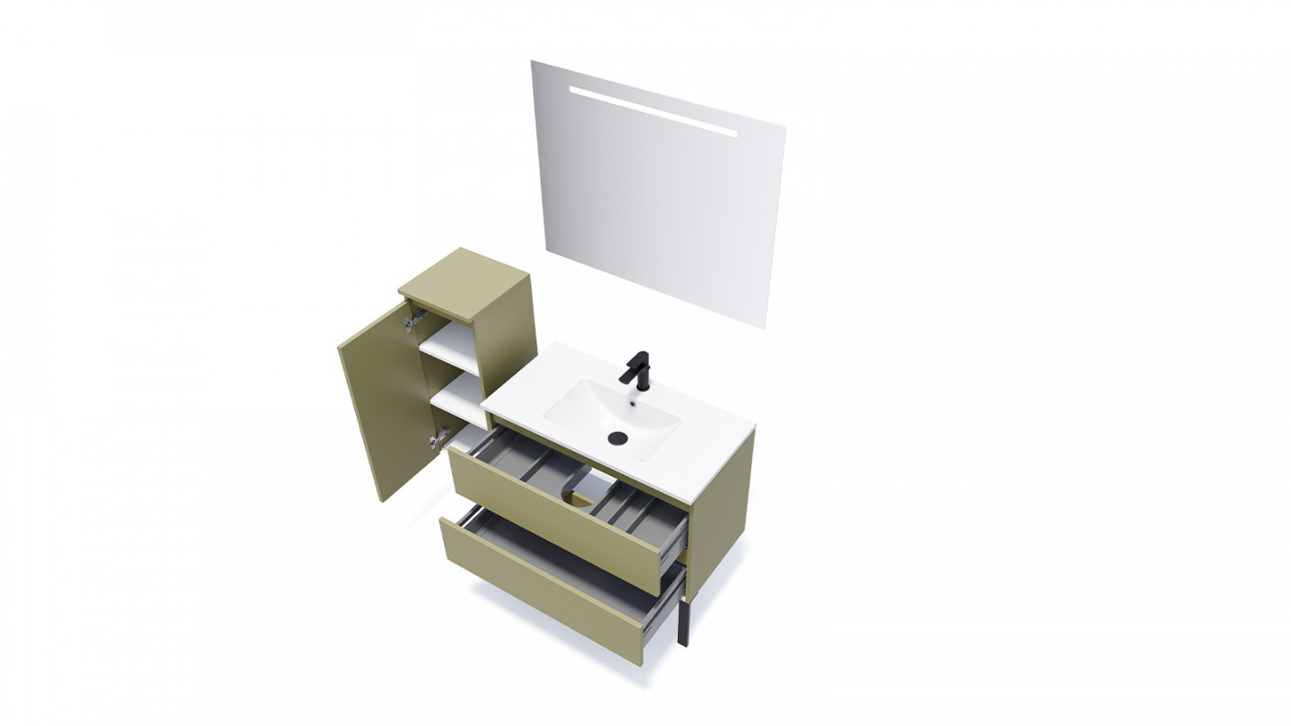 Meuble de salle de bain suspendu vasque intégrée 90cm 2 tiroirs Vert olive + miroir + colonne ouverture gauche - Rivage