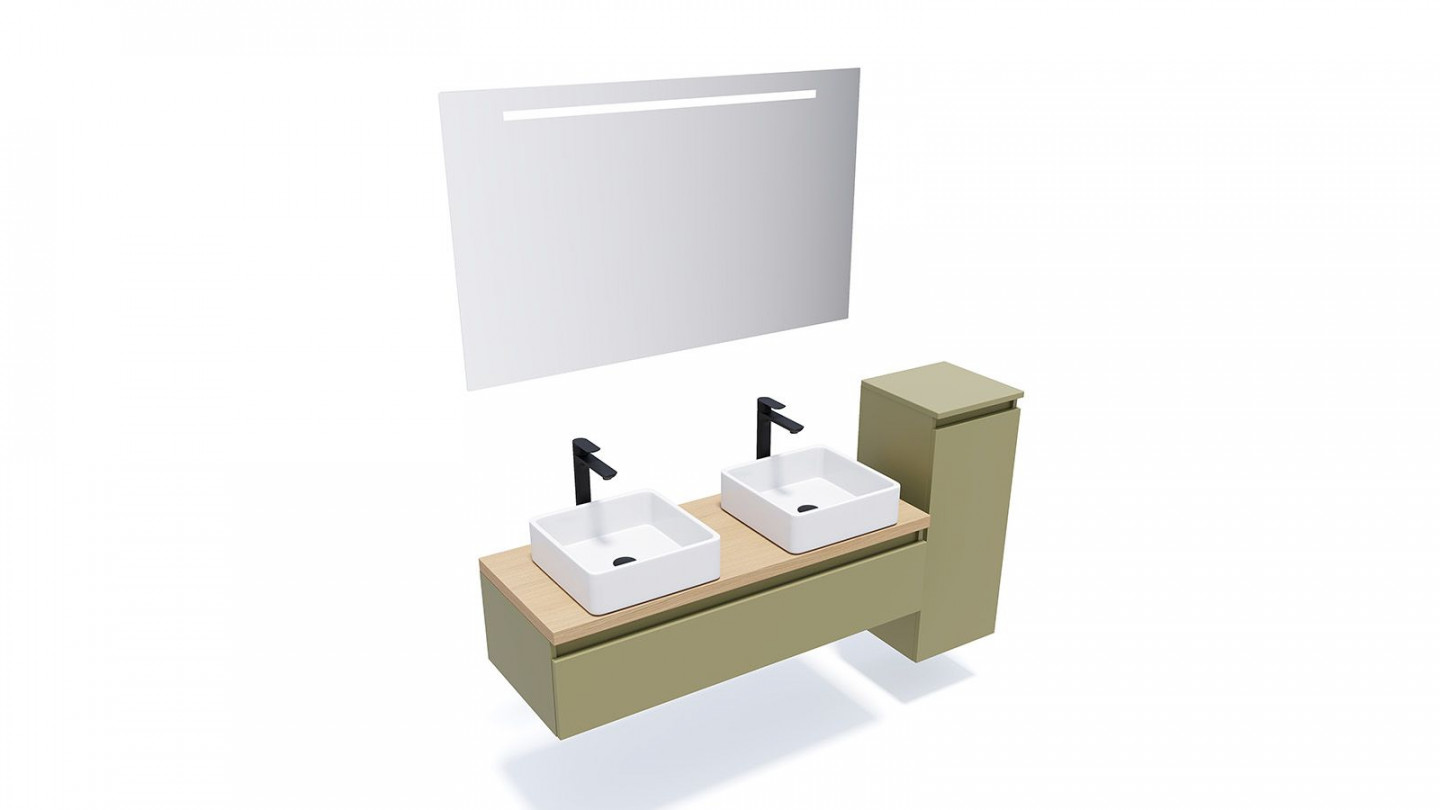 Meuble de salle de bain suspendu 2 vasques à poser 120cm 1 tiroir Vert olive + miroir + colonne ouverture droite - Rivage