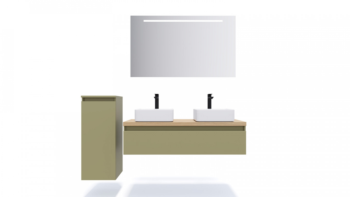 Meuble de salle de bain suspendu 2 vasques à poser 120cm 1 tiroir Vert olive + miroir + colonne ouverture gauche - Rivage
