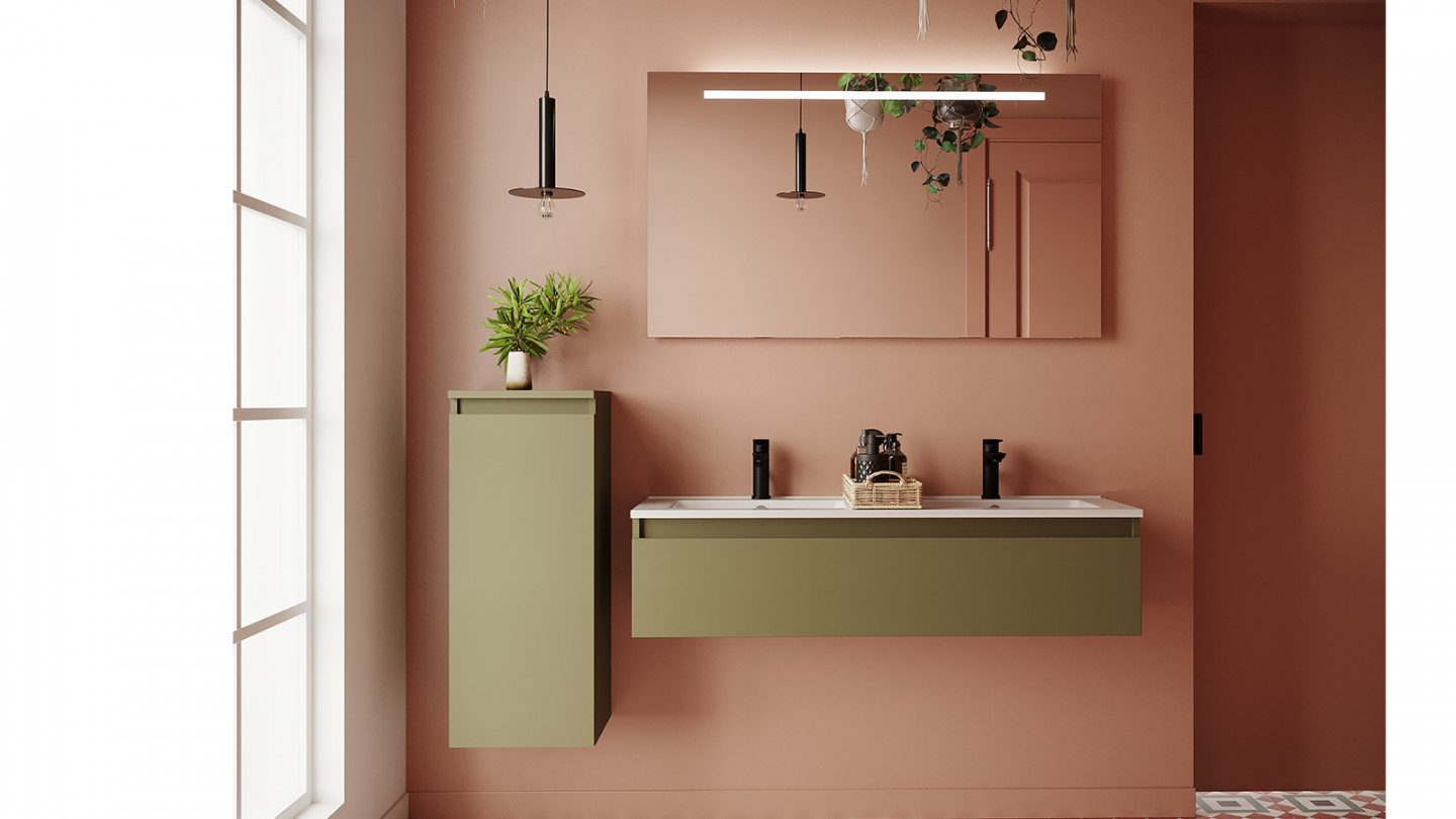 Meuble de salle de bain suspendu double vasque intégrée 120cm 1 tiroir Vert olive + miroir + colonne ouverture gauche - Rivage