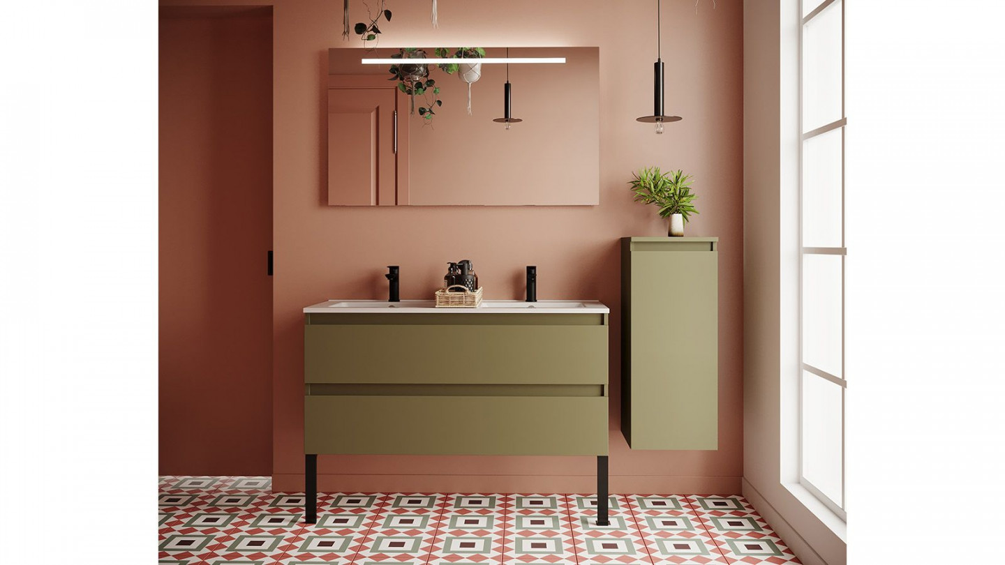 Meuble de salle de bain suspendu double vasque intégrée 120cm 2 tiroirs Vert olive + miroir + colonne ouverture droite - Rivage