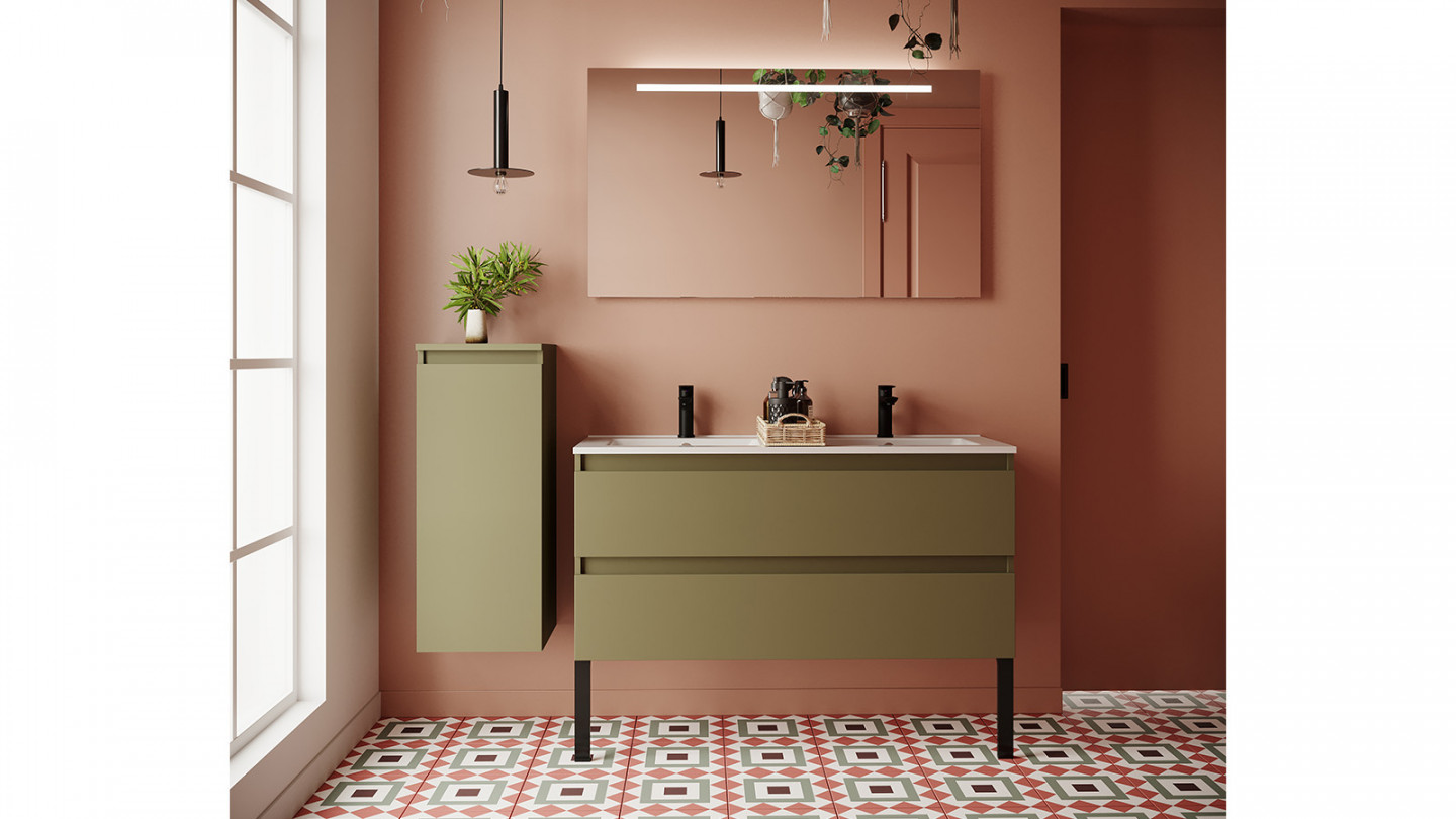 Meuble de salle de bain suspendu double vasque intégrée 120cm 2 tiroirs Vert olive + miroir + colonne ouverture gauche - Rivage