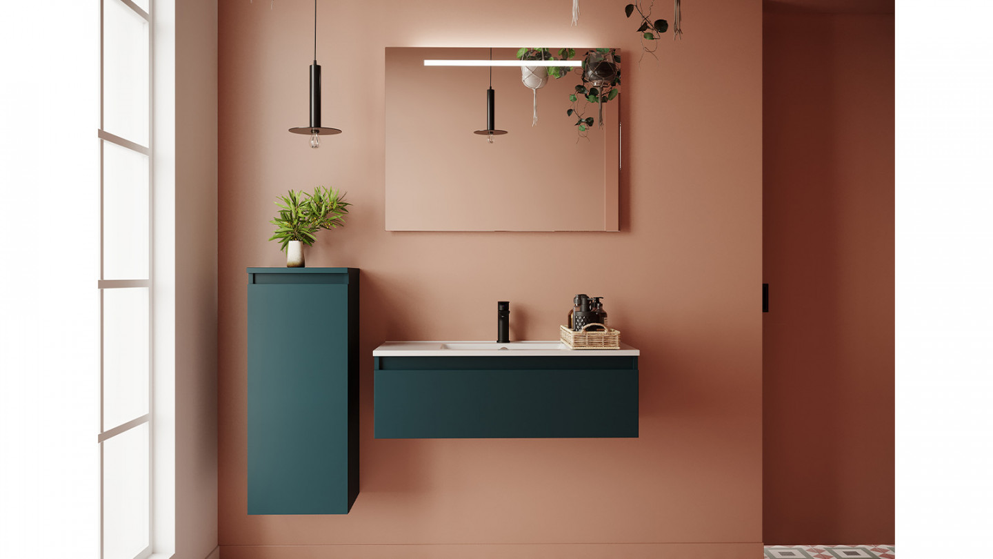 Meuble de salle de bain suspendu vasque intégrée 90cm 1 tiroir Bleu + miroir - Rivage