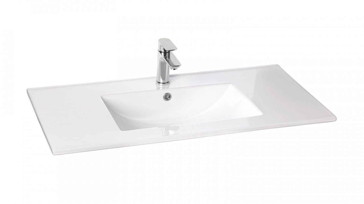 Meuble de salle de bain suspendu vasque intégrée 90cm 1 tiroir Bleu + miroir + colonne ouverture gauche - Rivage