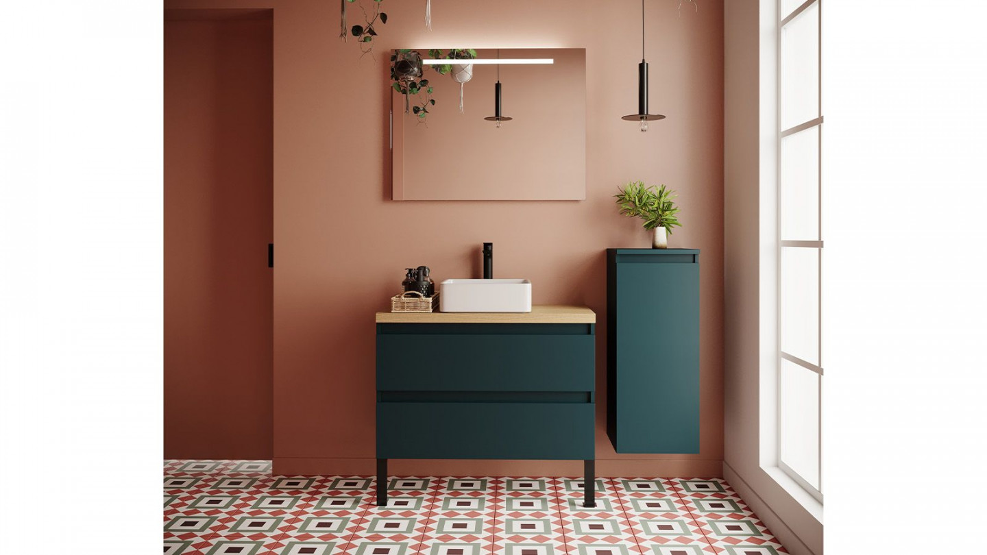 Meuble de salle de bain suspendu vasque à poser 90cm 2 tiroirs Bleu + miroir + colonne ouverture droite - Rivage