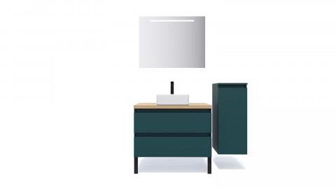 Meuble de salle de bain suspendu vasque à poser 90cm 2 tiroirs Bleu + miroir + colonne ouverture droite - Hudson