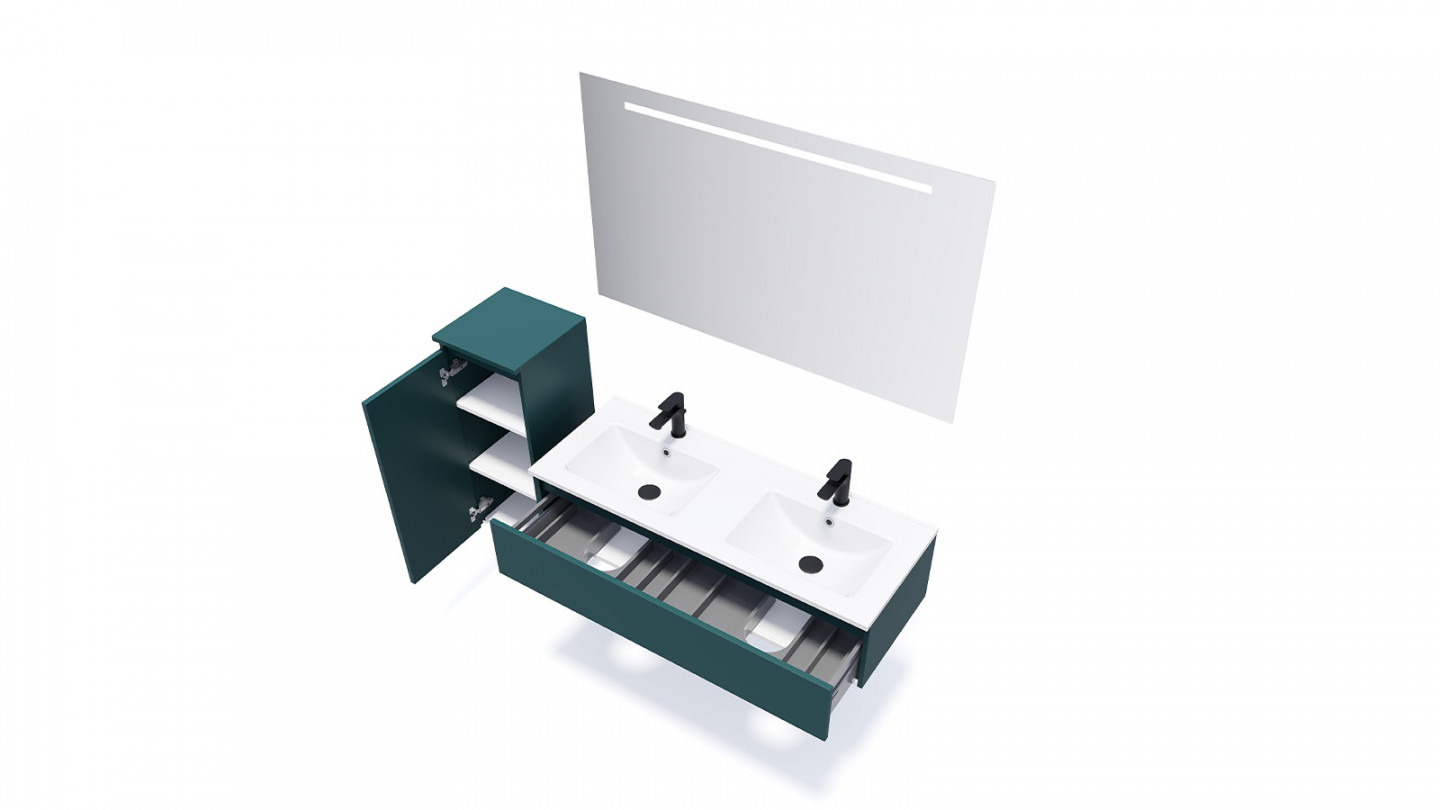 Meuble de salle de bain suspendu double vasque intégrée 120cm 1 tiroir Bleu + miroir + colonne ouverture gauche - Rivage