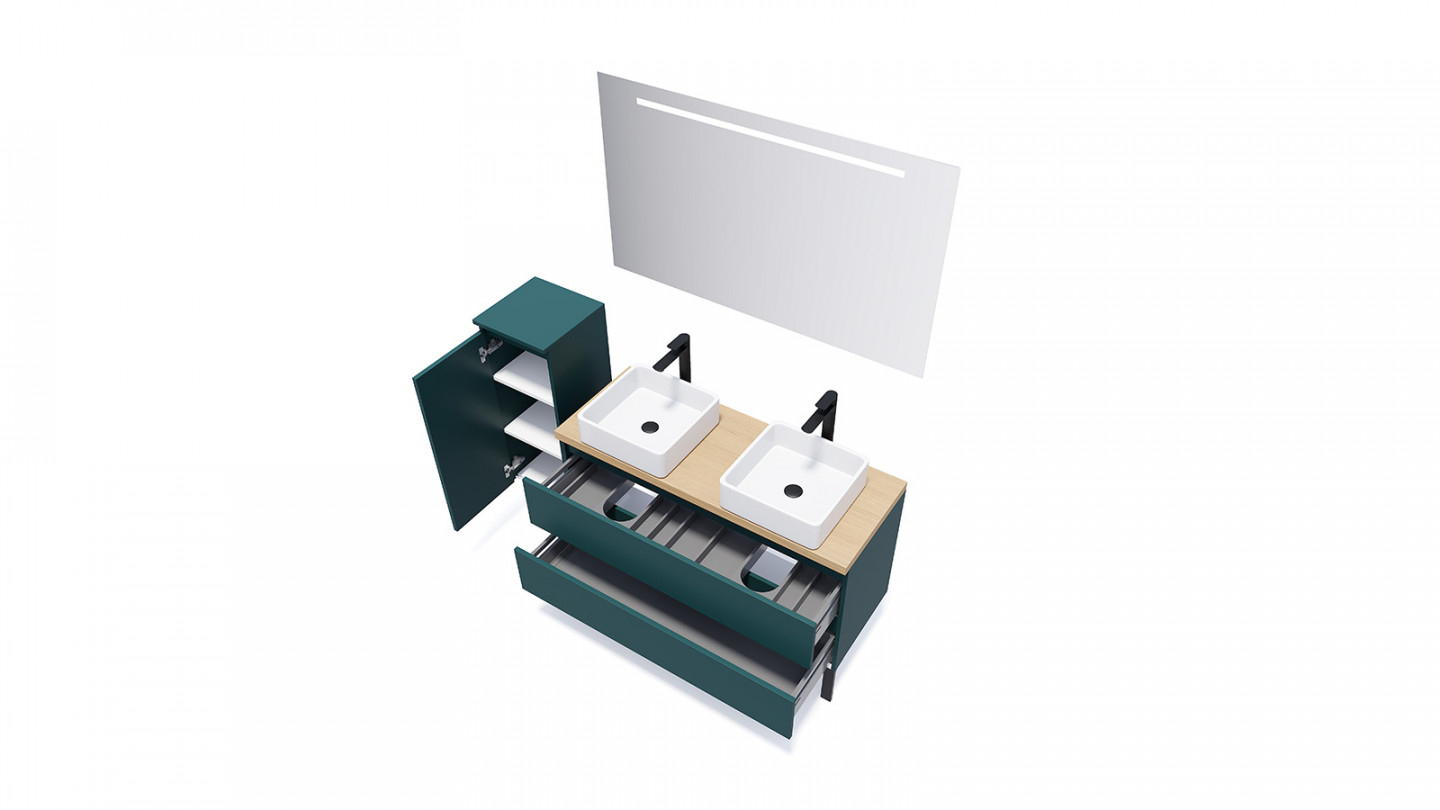Meuble de salle de bain suspendu 2 vasques à poser 120cm 2 tiroirs Bleu + miroir - Rivage