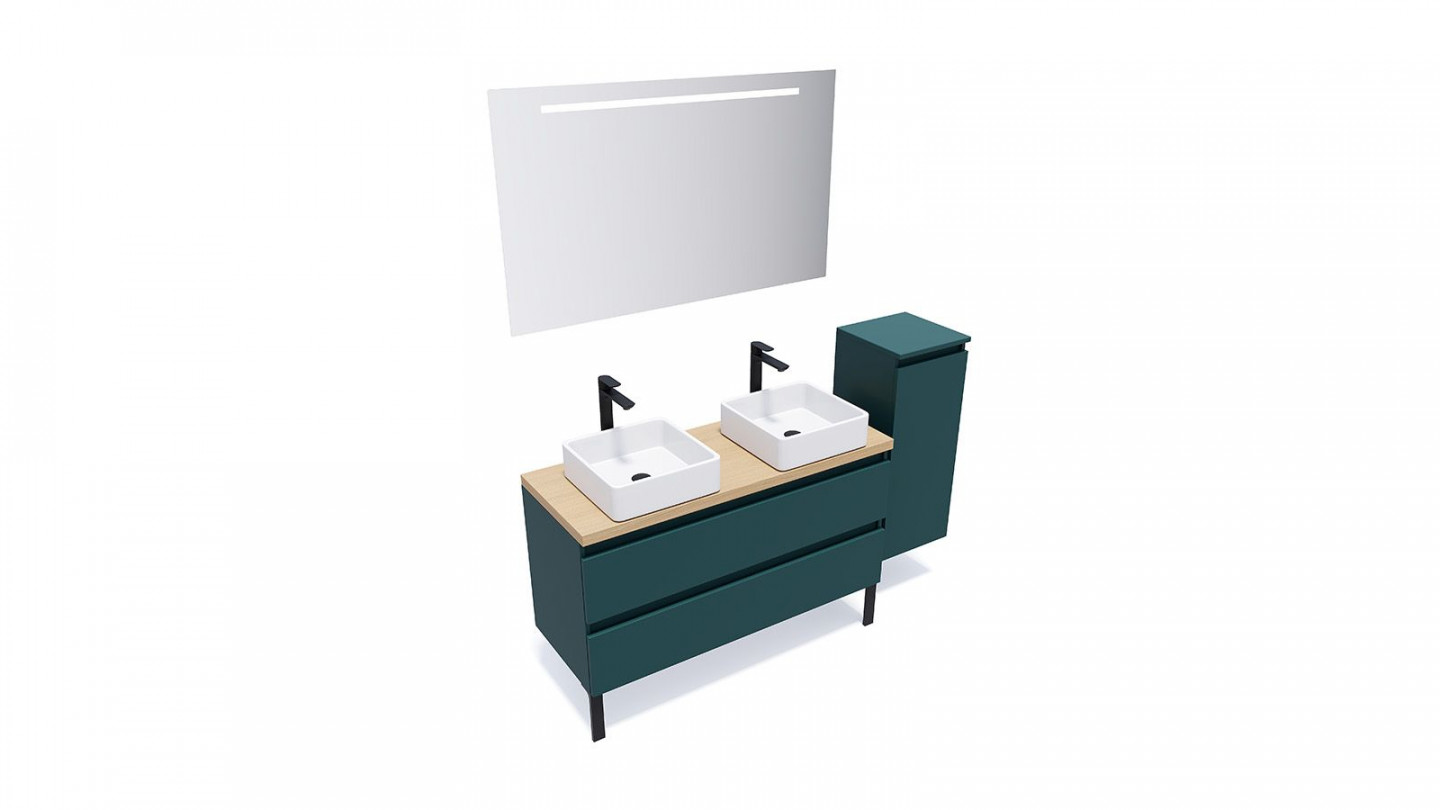 Meuble de salle de bain suspendu 2 vasques à poser 120cm 2 tiroirs Bleu + miroir + colonne ouverture droite - Rivage