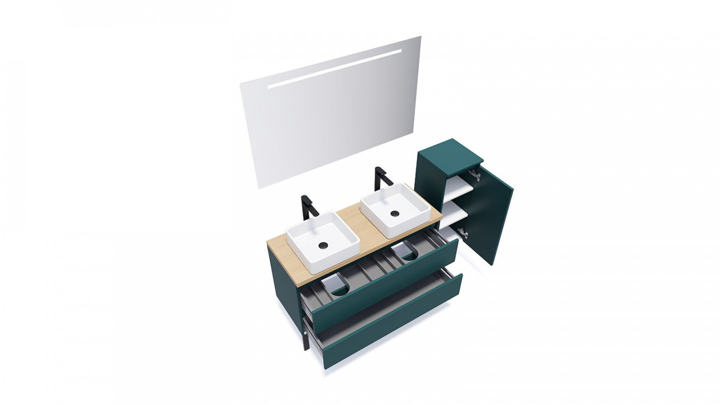 Meuble de salle de bain suspendu 2 vasques à poser 120cm 2 tiroirs Bleu + miroir + colonne ouverture droite - Rivage