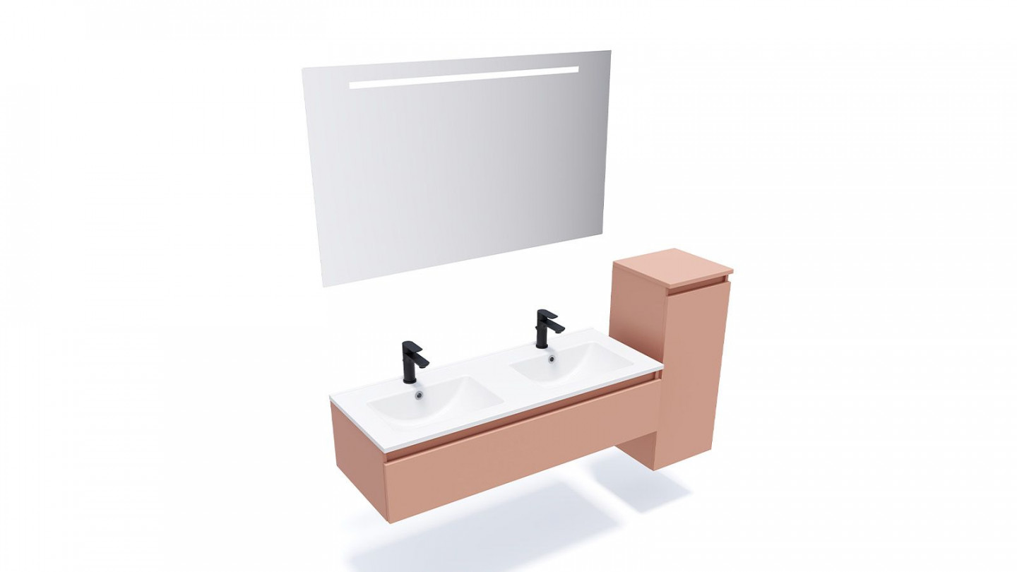 Meuble de salle de bain suspendu double vasque intégrée 120cm 1 tiroir Abricot + miroir + colonne ouverture droite - Rivage