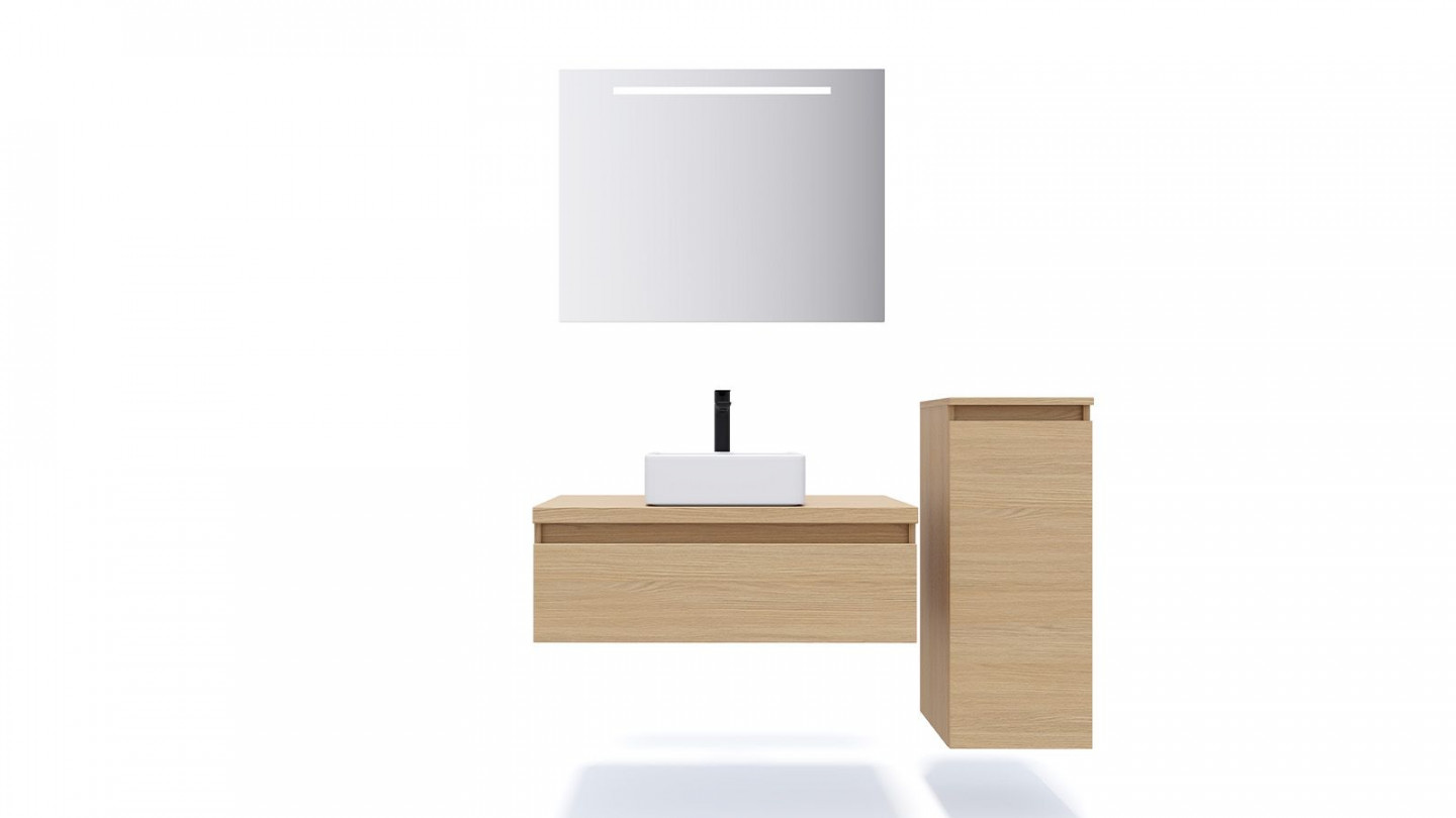 Meuble de salle de bain suspendu vasque à poser 90cm 1 tiroir Chêne clair + miroir + colonne ouverture droite - Rivage