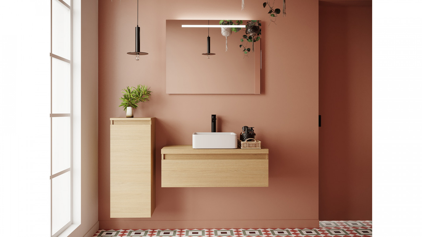 Meuble de salle de bain suspendu vasque à poser 90cm 1 tiroir Chêne clair + miroir + colonne ouverture gauche - Rivage