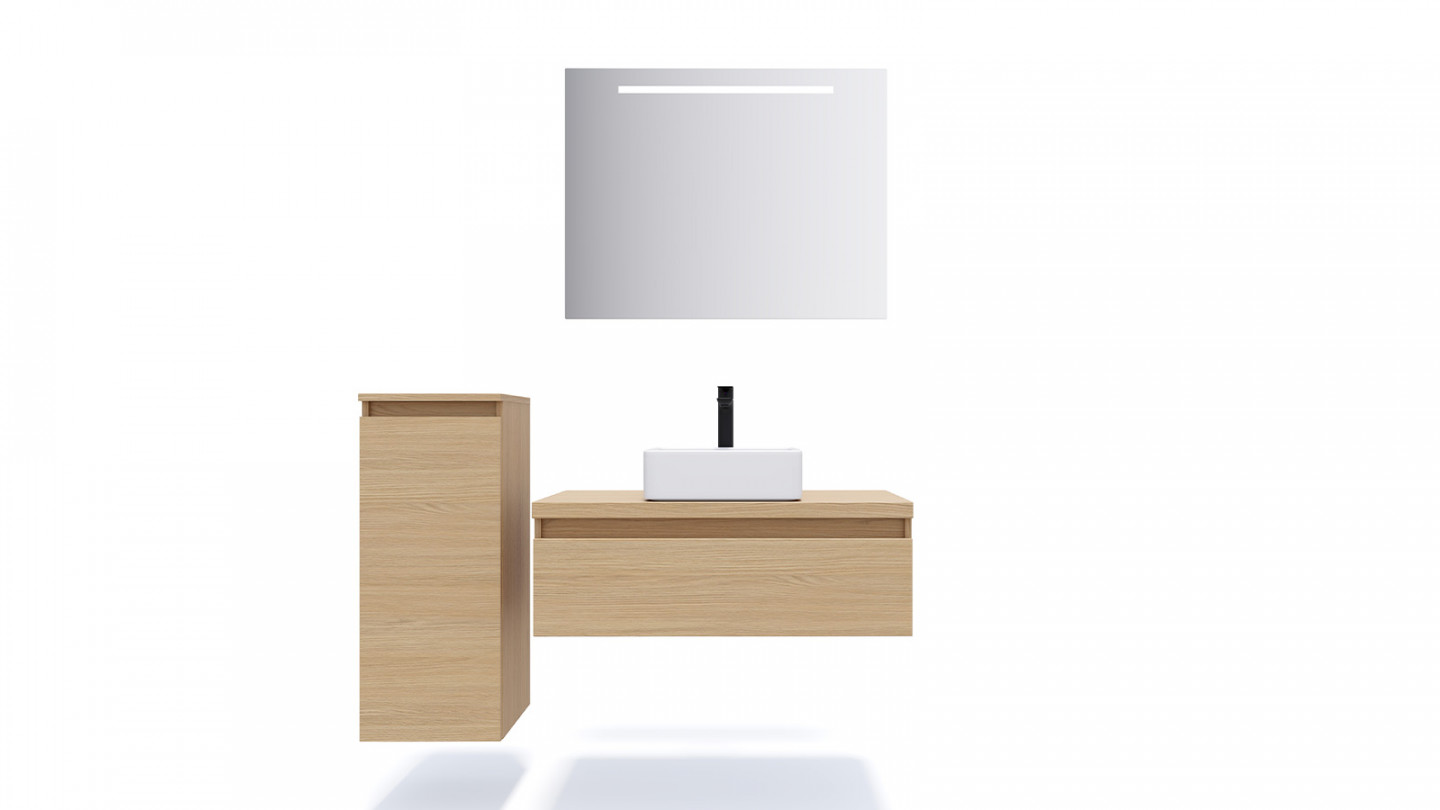 Meuble de salle de bain suspendu vasque à poser 90cm 1 tiroir Chêne clair + miroir + colonne ouverture gauche - Rivage