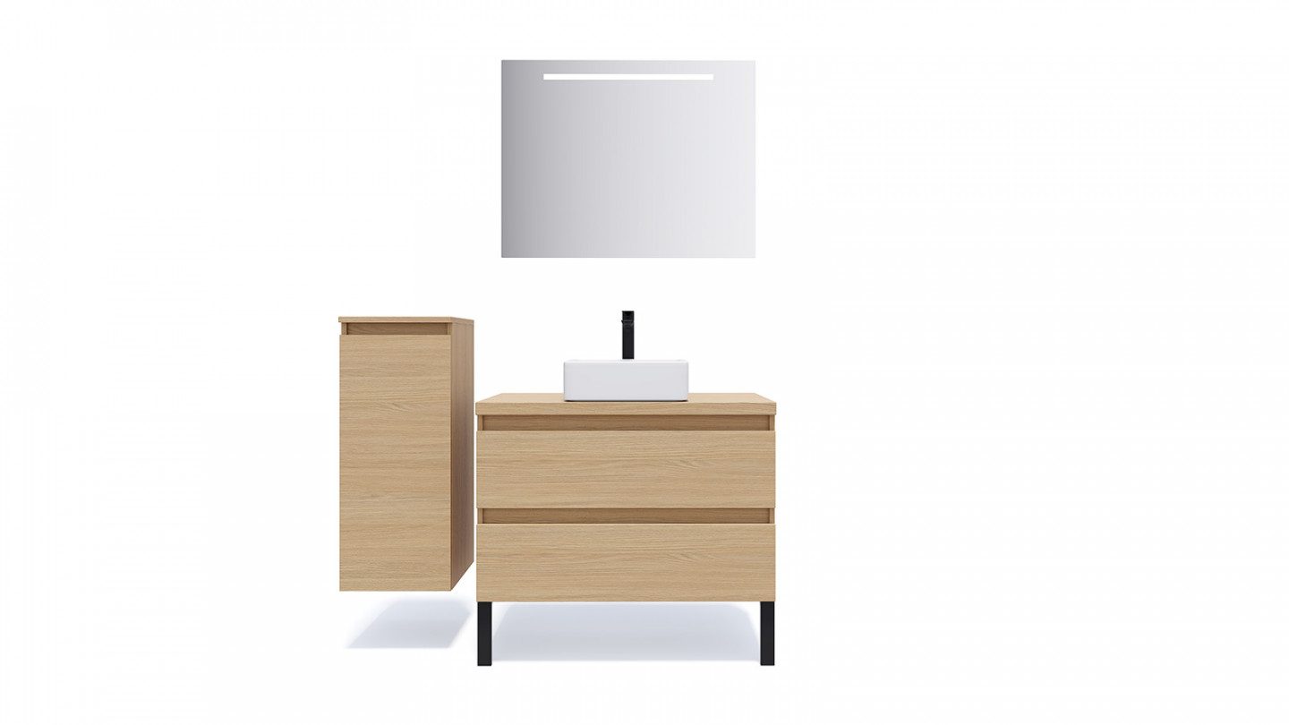 Meuble de salle de bain suspendu vasque à poser 90cm 2 tiroirs Chêne clair + miroir + colonne ouverture gauche - Rivage