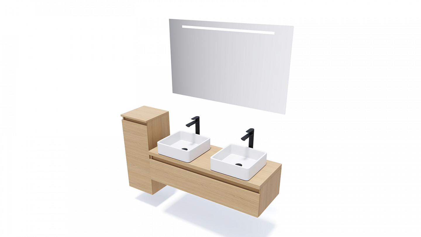 Meuble de salle de bain suspendu 2 vasques à poser 120cm 1 tiroir Chêne clair + miroir - Rivage