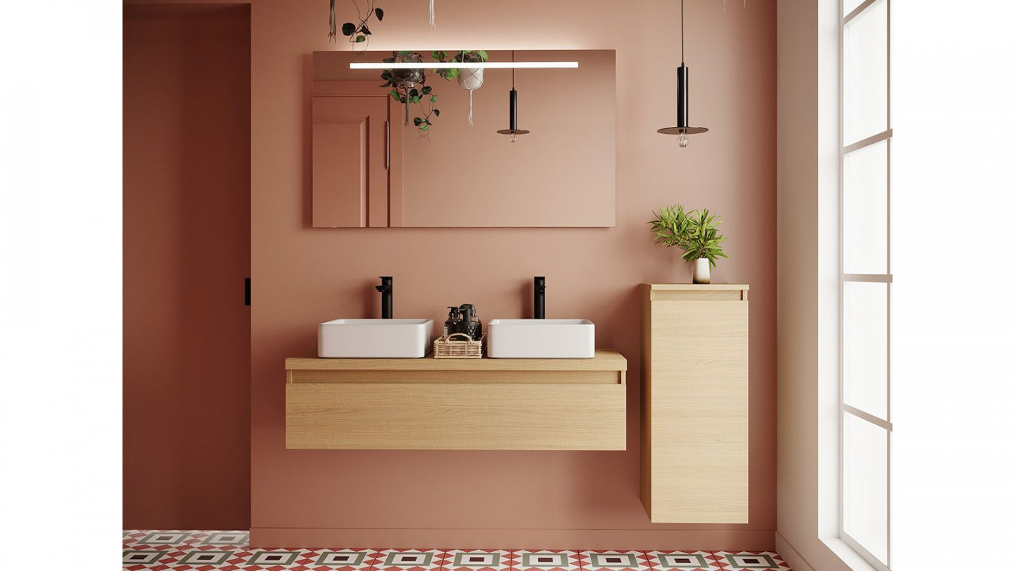 Meuble de salle de bain suspendu 2 vasques à poser 120cm 1 tiroir Chêne clair + miroir + colonne ouverture droite - Rivage