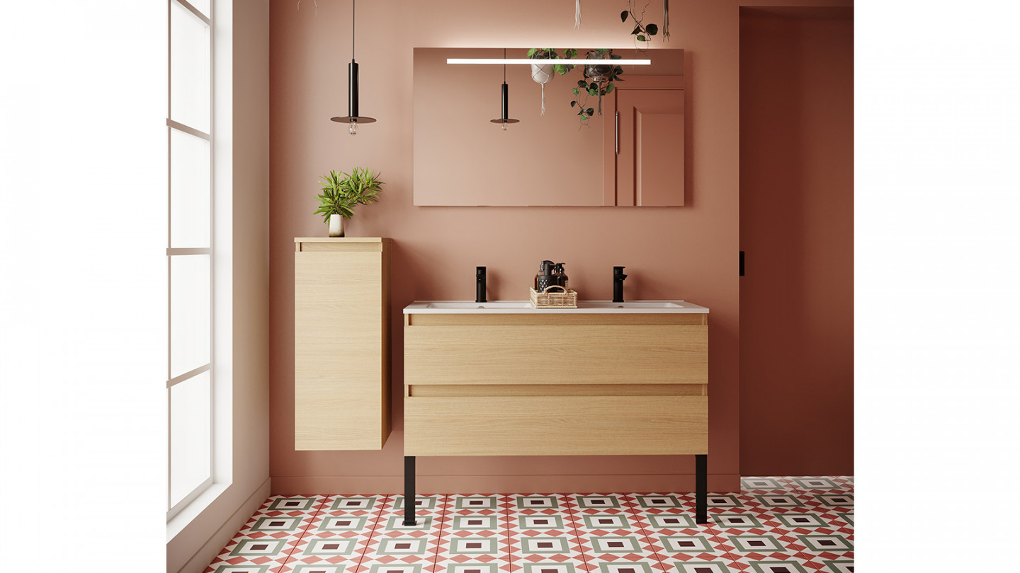 Meuble de salle de bain suspendu double vasque intégrée 120cm 2 tiroirs Chêne clair - Rivage