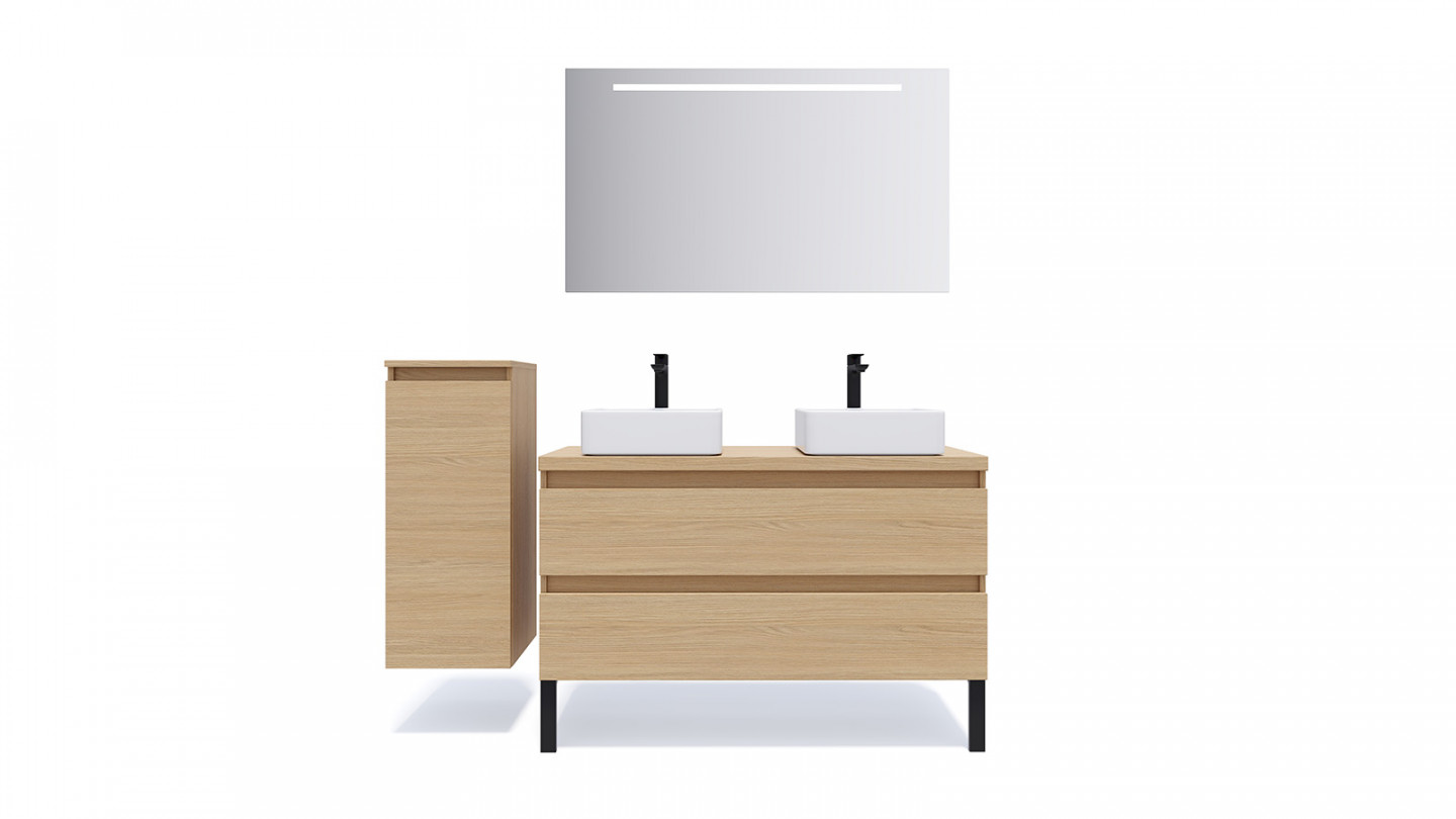 Meuble de salle de bain suspendu 2 vasques à poser 120cm 2 tiroirs Chêne clair + miroir - Rivage