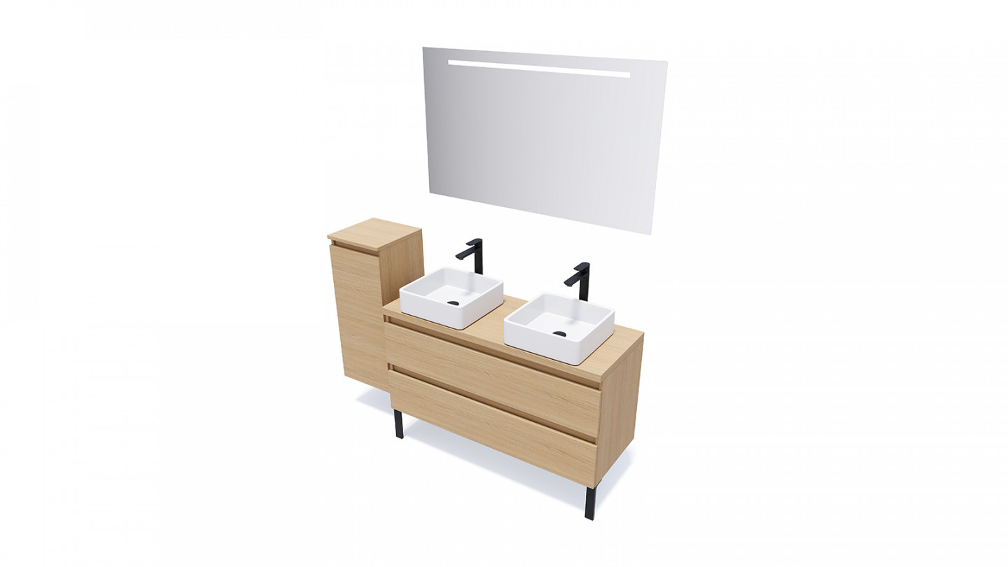 Meuble de salle de bain suspendu 2 vasques à poser 120cm 2 tiroirs Chêne clair + miroir - Rivage