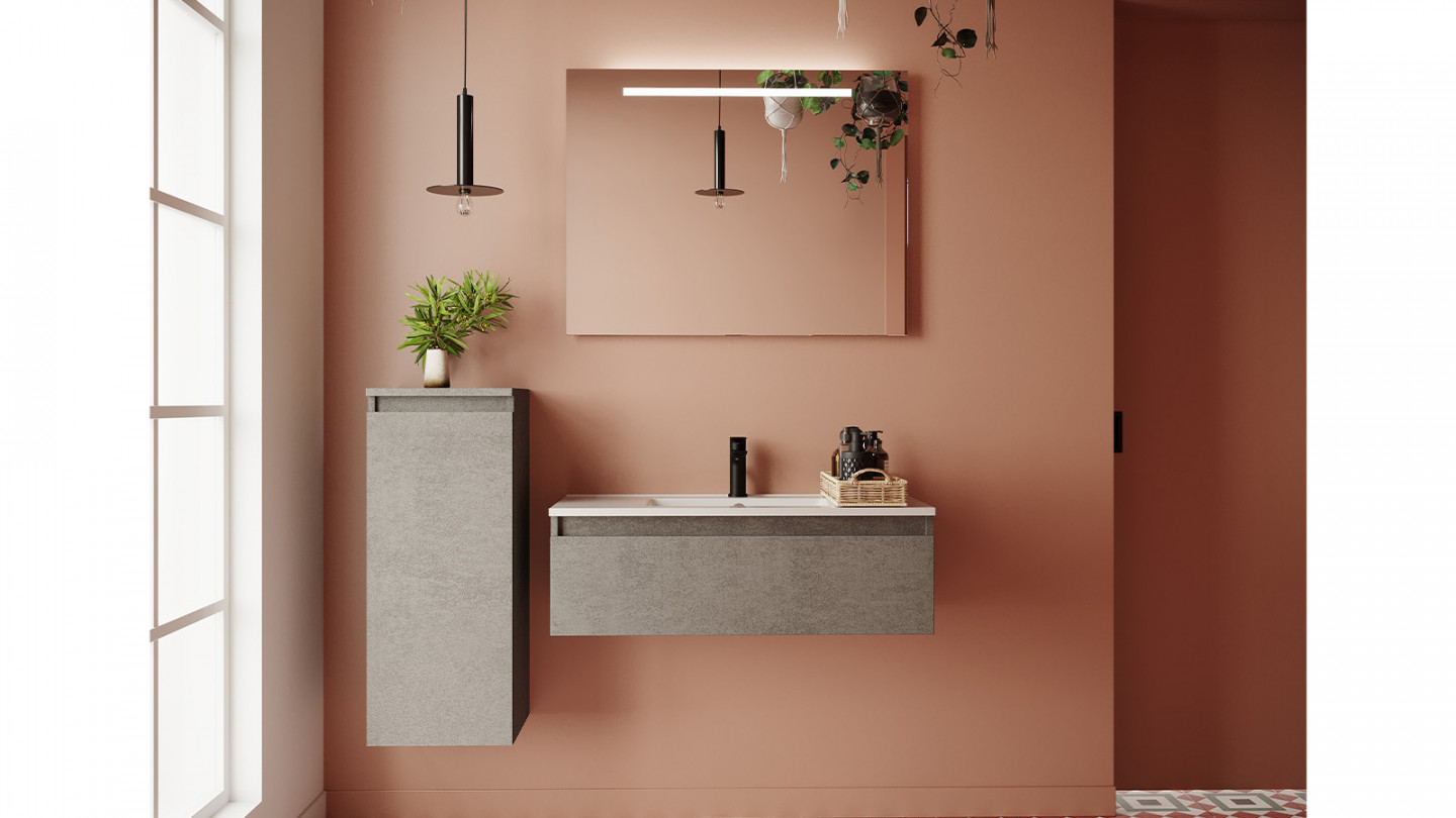 Meuble de salle de bain suspendu vasque intégrée 90cm 1 tiroir façon Béton + miroir - Rivage