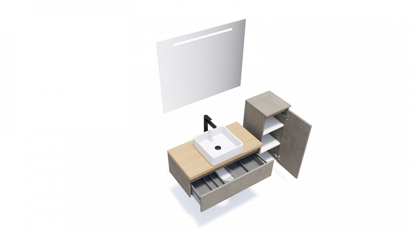 Meuble de salle de bain suspendu vasque à poser 90cm 1 tiroir façon Béton + miroir + colonne ouverture droite - Rivage