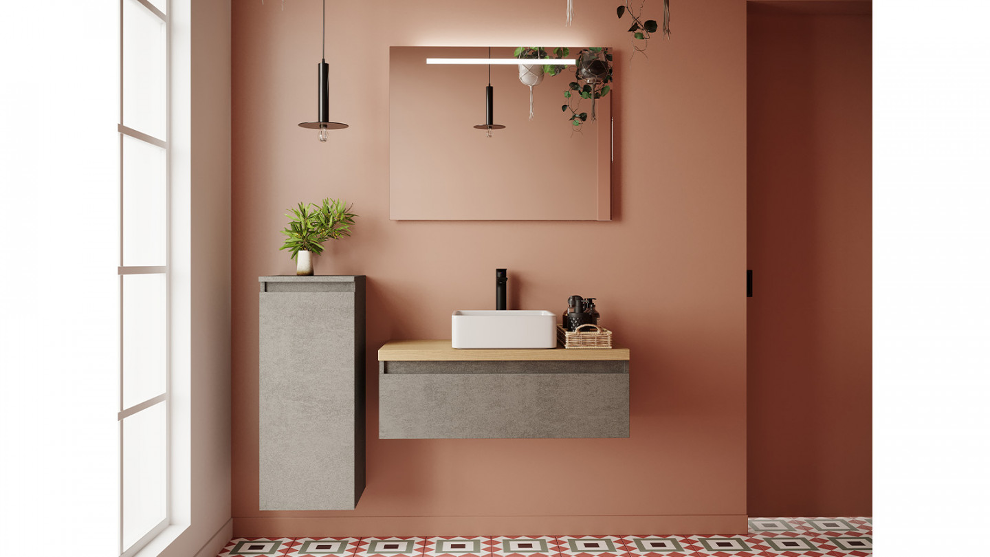 Meuble de salle de bain suspendu vasque à poser 90cm 1 tiroir façon Béton + miroir + colonne ouverture gauche - Rivage